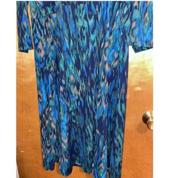 Liz Claiborne Size 2X Long Sleeve Faux Wrap Sheath Dress Blue Peacock Ikat Print - Picture 14 of 15